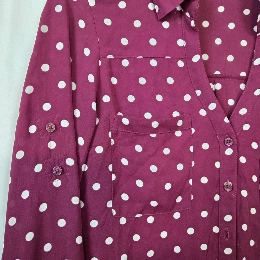 Express Womens Slim Fit Portofino Burgundy Polka Dot Long Sleeve Chiffon‎ Top XS - Picture 4 of 10